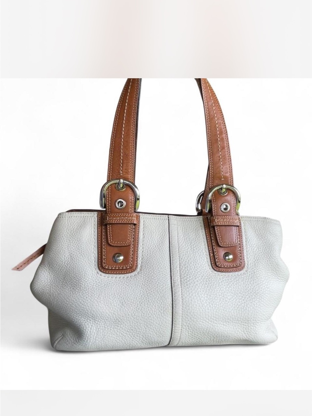 Coach Pebbled Leather Shoulder Bag in Light Gray with Tan Accents